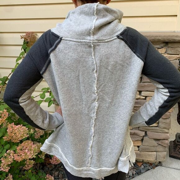 Free People grey sweater, black sleeve panels, cowl collar, distressed,ragged, S - Picture 9 of 15